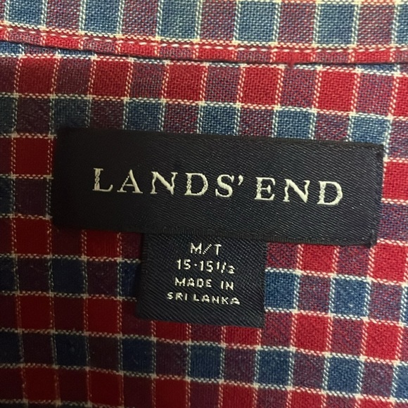 Lands’ End Size Med Tall Red & Blue Checker Plaid Button Down Long Sleeve Shirt - Picture 4 of 7